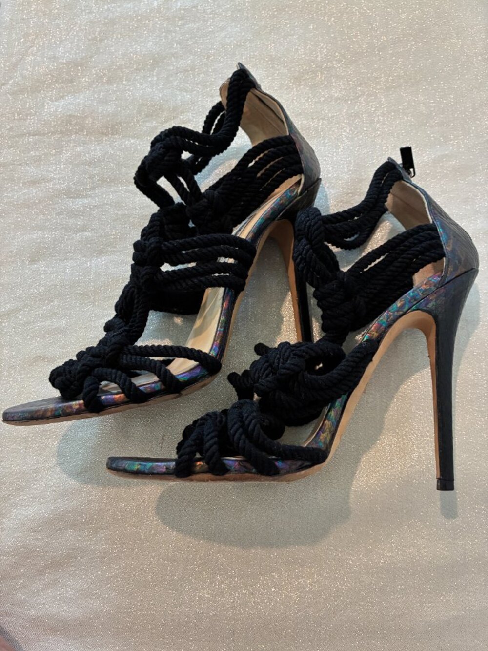 Jimmy Choo Black Rope Strappy High Heel Sandals with Iridescent Accents